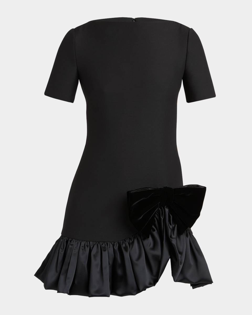 Velvet Bow Ruffle Short-Sleeve Mini Dress